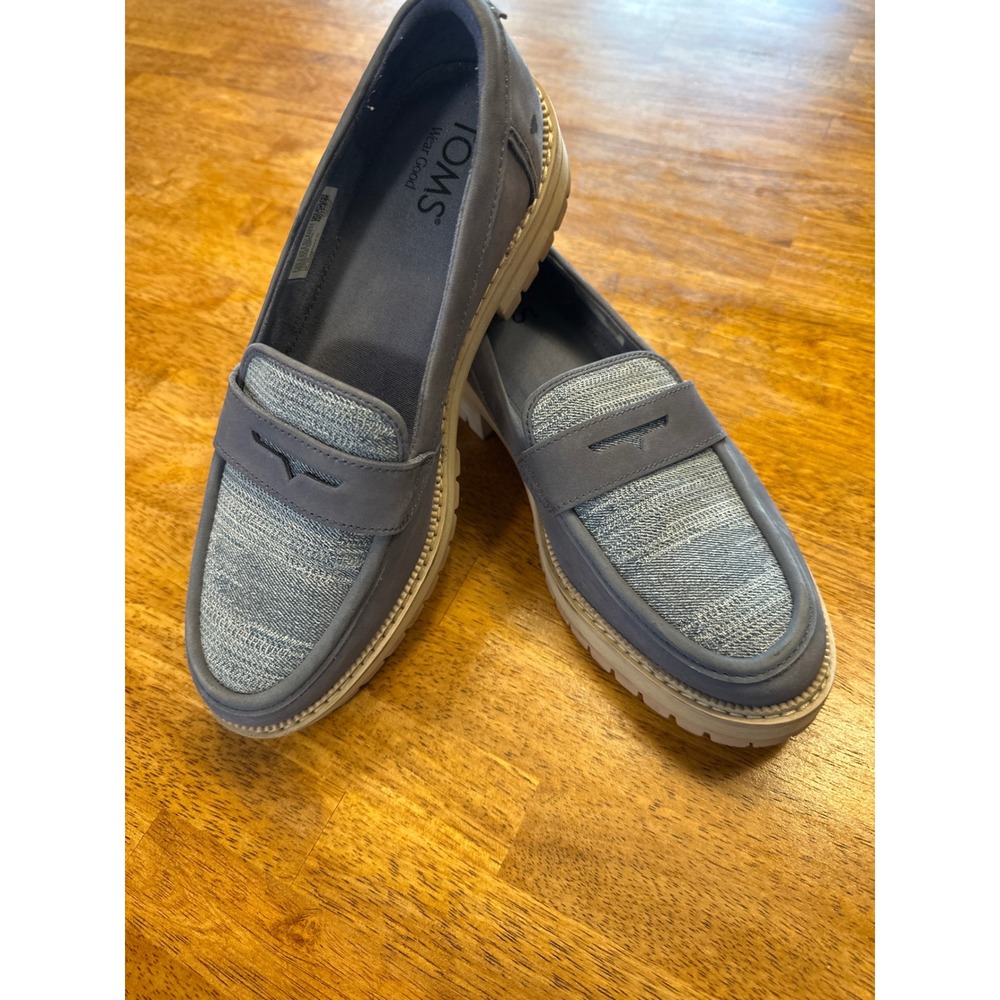 TOMS Darcy Harbor Blue Leather Textile Lug Sole Penny Loafers Shoes Womens 8.5